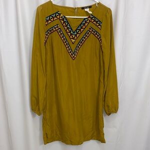 Elegant Mustard Long Sleeve Dress with Embroidery
